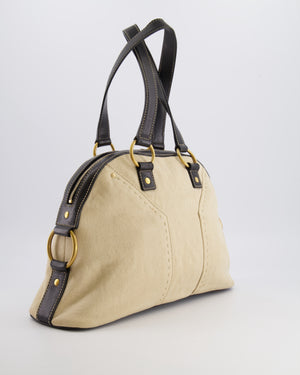Yves Saint Laurent Vintage Muse Tote Bag in Beige Canvas and Black Leather with Gold Hardware