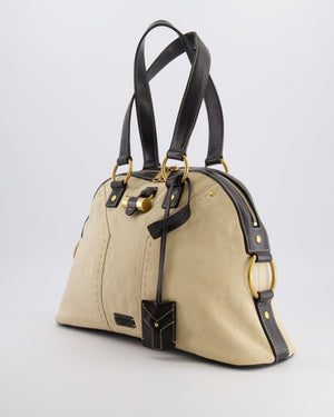 Yves Saint Laurent Vintage Muse Tote Bag in Beige Canvas and Black Leather with Gold Hardware