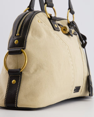 Yves Saint Laurent Vintage Muse Tote Bag in Beige Canvas and Black Leather with Gold Hardware