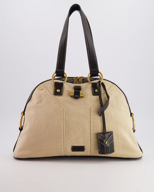 Yves Saint Laurent Vintage Muse Tote Bag in Beige Canvas and Black Leather with Gold Hardware