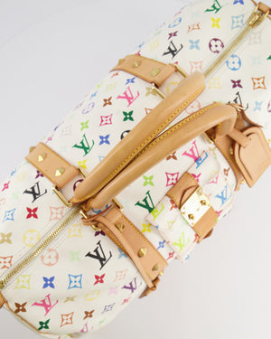 *RARE* Louis Vuitton X Takashi Murakami 45 Travel Bag in White Multicoloured Monogram Canvas &amp; Vacchetta Leather