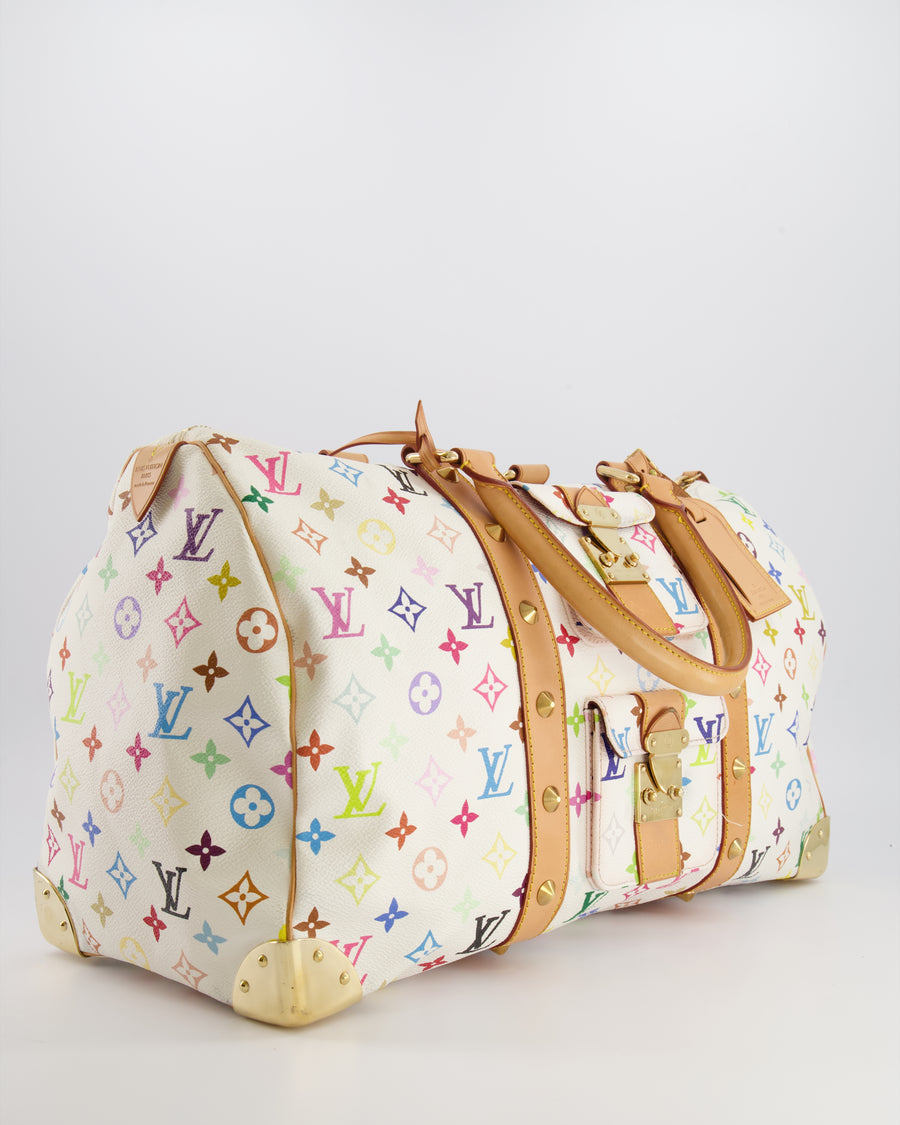 *RARE* Louis Vuitton X Takashi Murakami 45 Travel Bag in White Multicoloured Monogram Canvas &amp; Vacchetta Leather