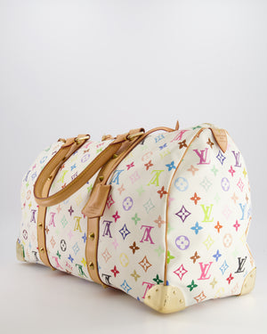*RARE* Louis Vuitton X Takashi Murakami 45 Travel Bag in White Multicoloured Monogram Canvas &amp; Vacchetta Leather