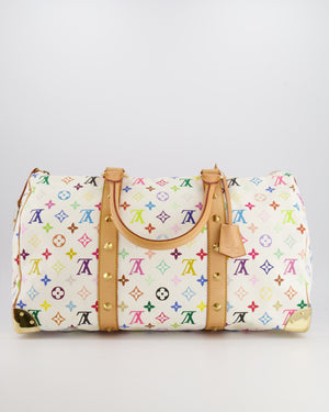 *RARE* Louis Vuitton X Takashi Murakami 45 Travel Bag in White Multicoloured Monogram Canvas &amp; Vacchetta Leather