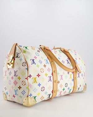 *RARE* Louis Vuitton X Takashi Murakami 45 Travel Bag in White Multicoloured Monogram Canvas &amp; Vacchetta Leather