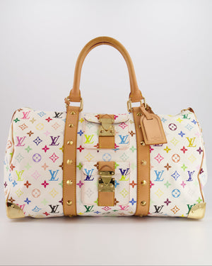 *RARE* Louis Vuitton X Takashi Murakami 45 Travel Bag in White Multicoloured Monogram Canvas &amp; Vacchetta Leather