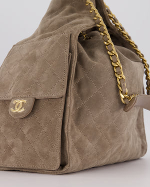 Chanel Taupe 25 Medium Handbag in Suede Calfskin Leather with Champagne Gold Hardware