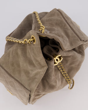 Chanel Taupe 25 Medium Handbag in Suede Calfskin Leather with Champagne Gold Hardware