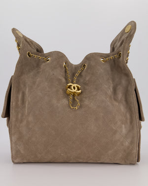 Chanel Taupe 25 Medium Handbag in Suede Calfskin Leather with Champagne Gold Hardware