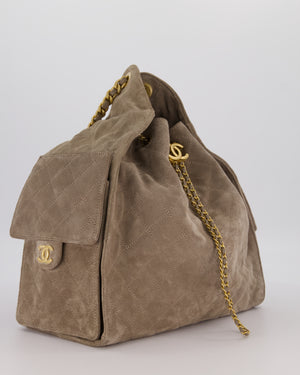Chanel Taupe 25 Medium Handbag in Suede Calfskin Leather with Champagne Gold Hardware