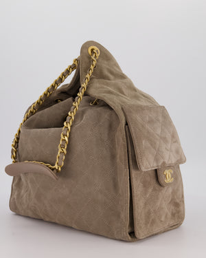 Chanel Taupe 25 Medium Handbag in Suede Calfskin Leather with Champagne Gold Hardware