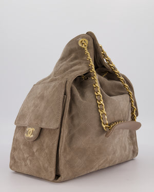 Chanel Taupe 25 Medium Handbag in Suede Calfskin Leather with Champagne Gold Hardware