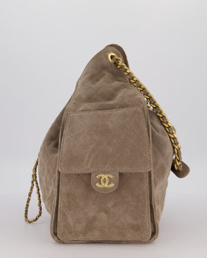 Chanel Taupe 25 Medium Handbag in Suede Calfskin Leather with Champagne Gold Hardware