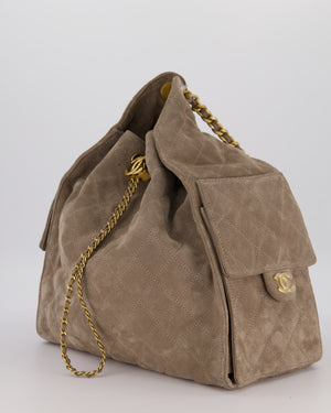 Chanel Taupe 25 Medium Handbag in Suede Calfskin Leather with Champagne Gold Hardware