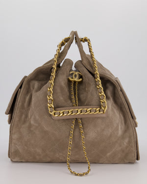 Chanel Taupe 25 Medium Handbag in Suede Calfskin Leather with Champagne Gold Hardware