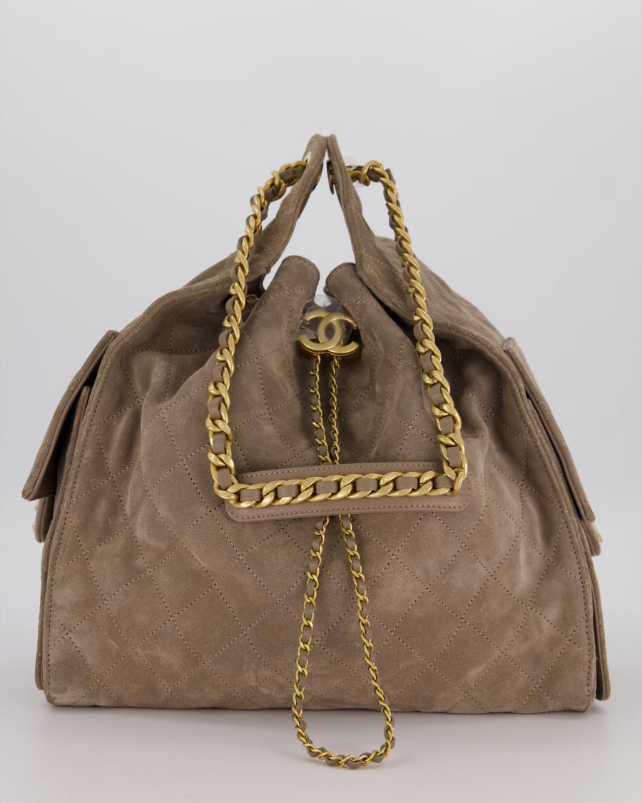 Chanel Taupe 25 Medium Handbag in Suede Calfskin Leather with Champagne Gold Hardware