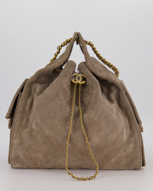 Chanel Taupe 25 Medium Handbag in Suede Calfskin Leather with Champagne Gold Hardware