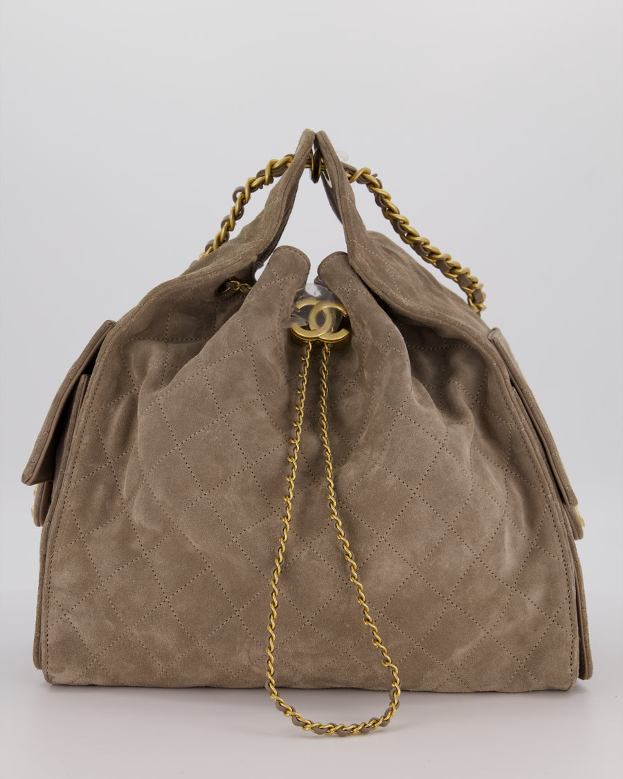 Chanel Taupe 25 Medium Handbag in Suede Calfskin Leather with Champagne Gold Hardware