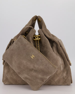 Chanel Taupe 25 Medium Handbag in Suede Calfskin Leather with Champagne Gold Hardware