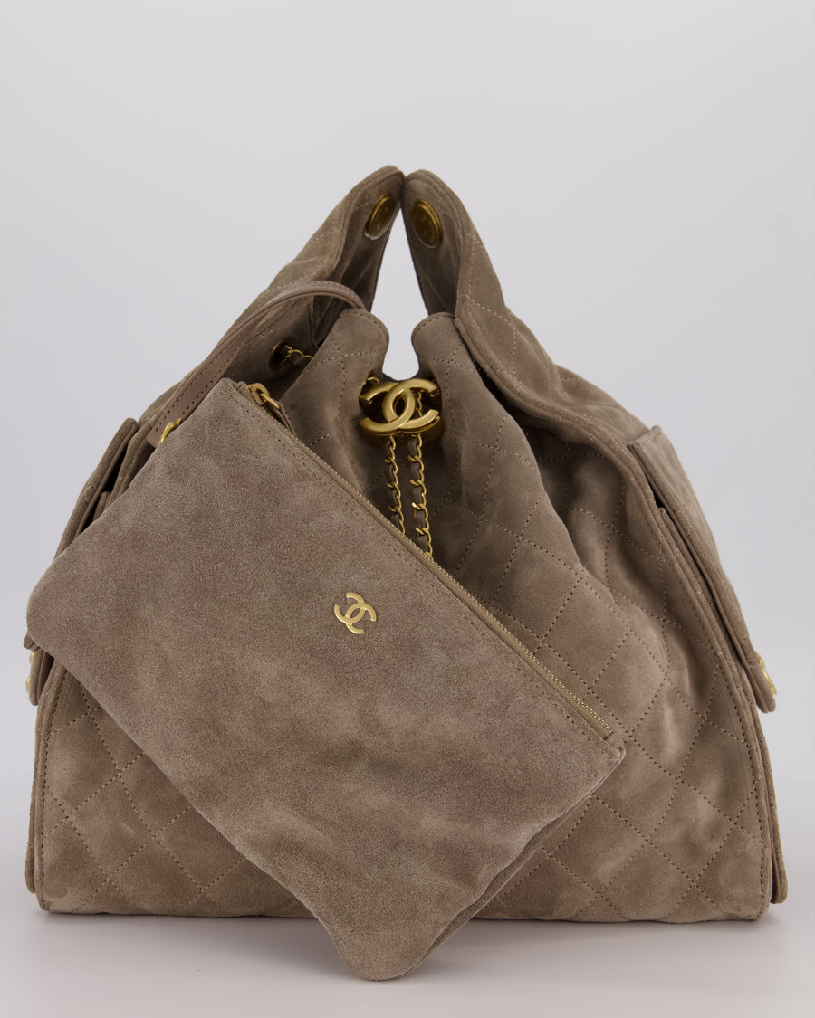 Chanel Taupe 25 Medium Handbag in Suede Calfskin Leather with Champagne Gold Hardware