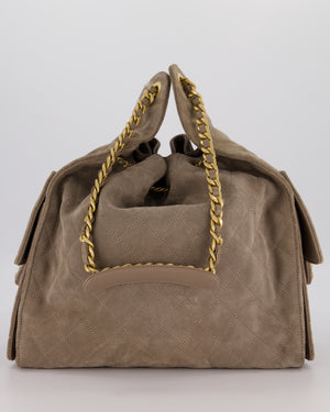 Chanel Taupe 25 Medium Handbag in Suede Calfskin Leather with Champagne Gold Hardware