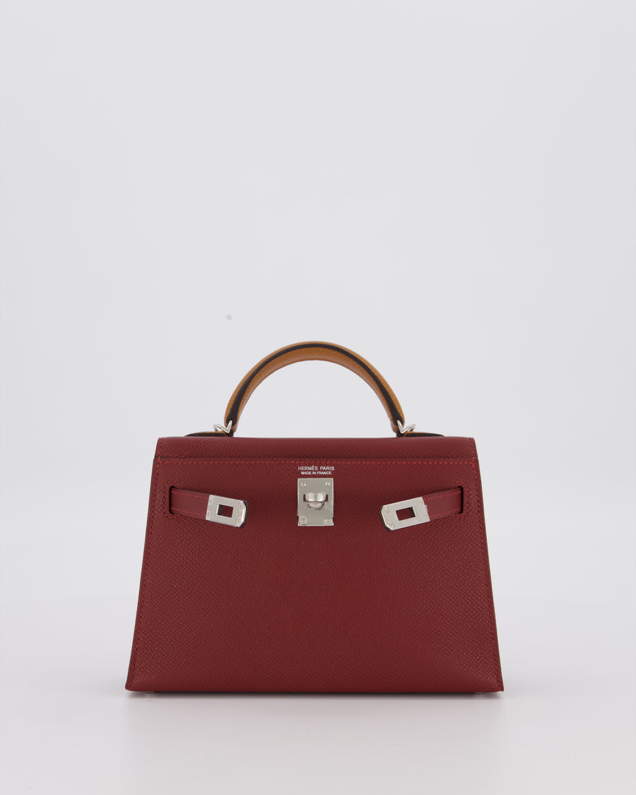 *SUPER RARE* Hermès Mini Kelly II Tricolour 20 Bag In Rouge H, Gold, and Bai Brun Epsom Leather with Palladium Hardware