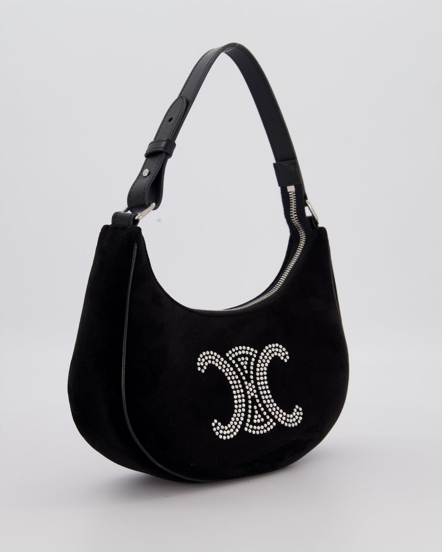 Celine Black Ava Triophe Shoulder Bag in Velvet with Crystal Details