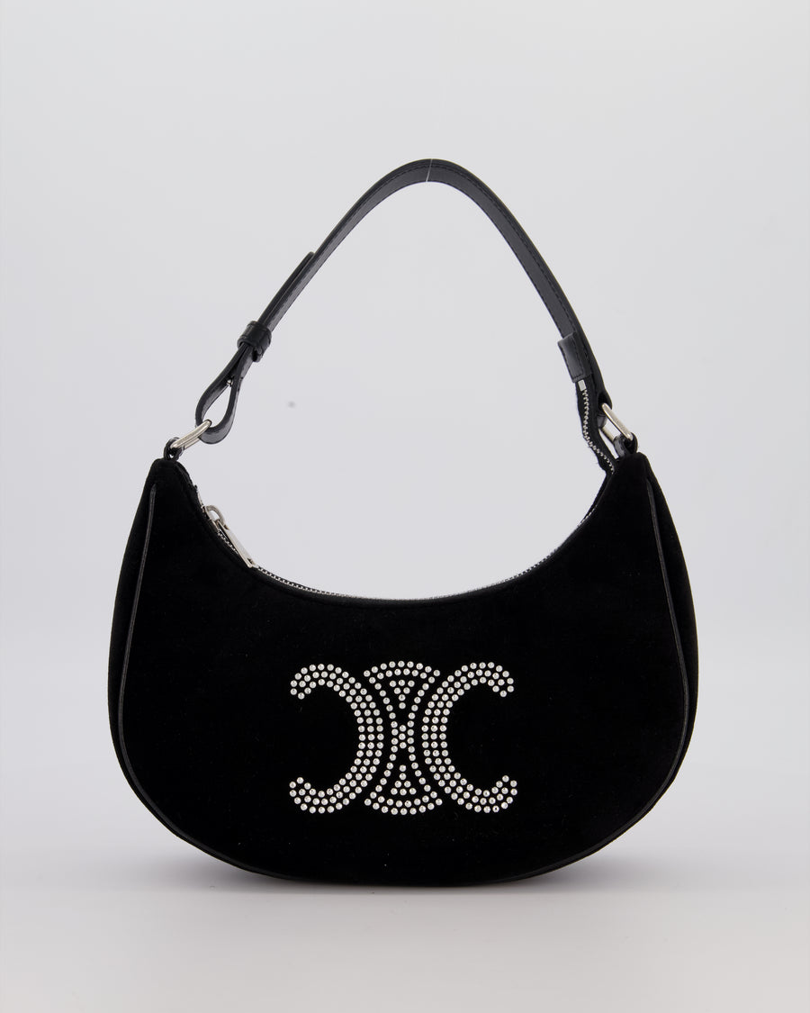 Celine Black Ava Triophe Shoulder Bag in Velvet with Crystal Details