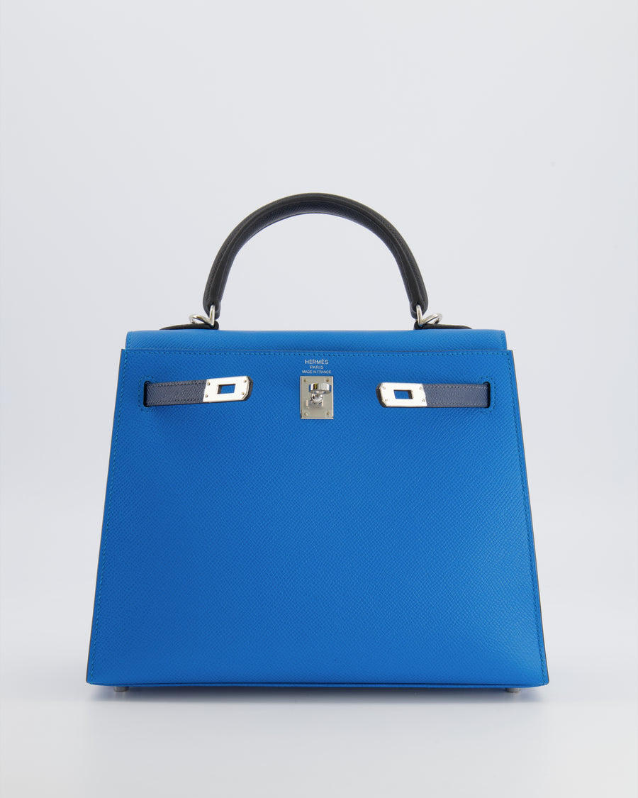 Hermès Kelly II Tricolour 25 Sellier Bag in Bleu Zanzibar, Bleu De Prusse and Noir Epsom Leather with Palladium Hardware