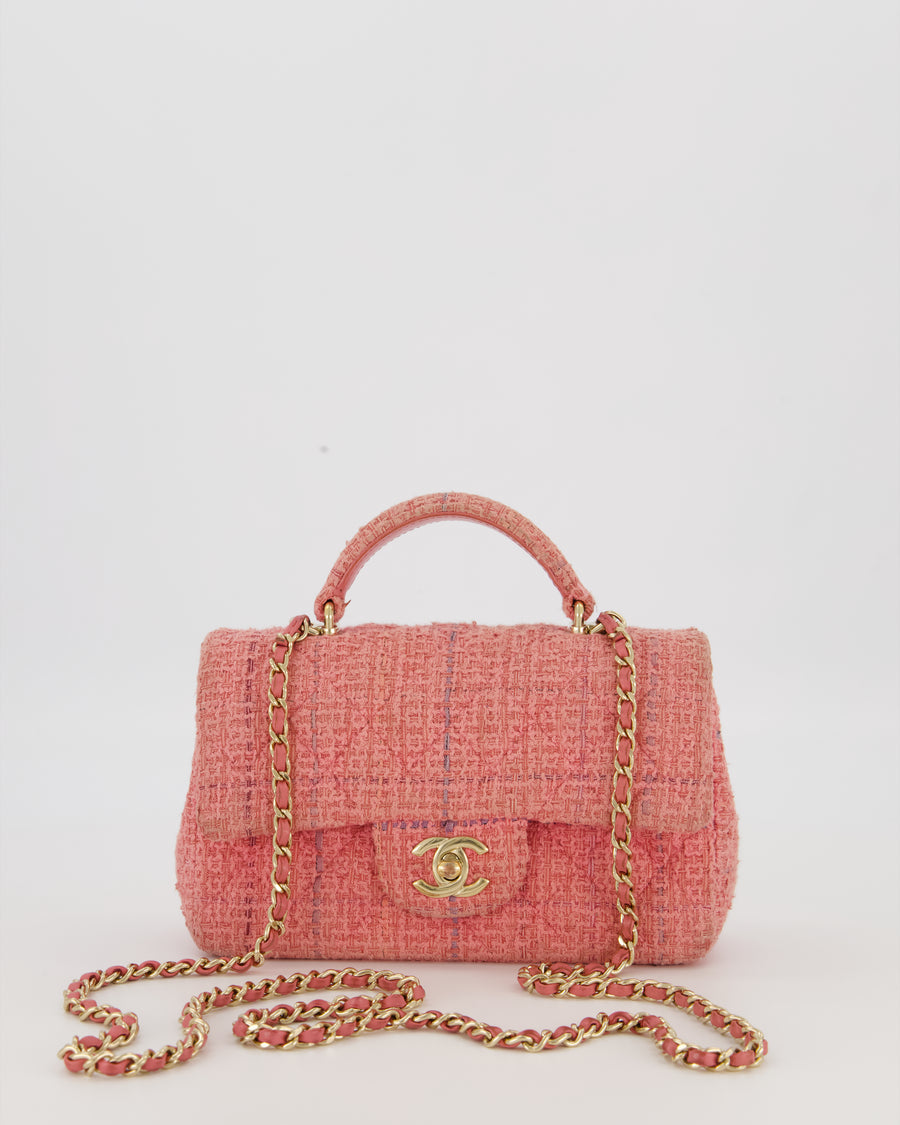 Chanel Top Handle Rectangular Bag in Pink Quilted Tweed with Champagne Gold Hardware