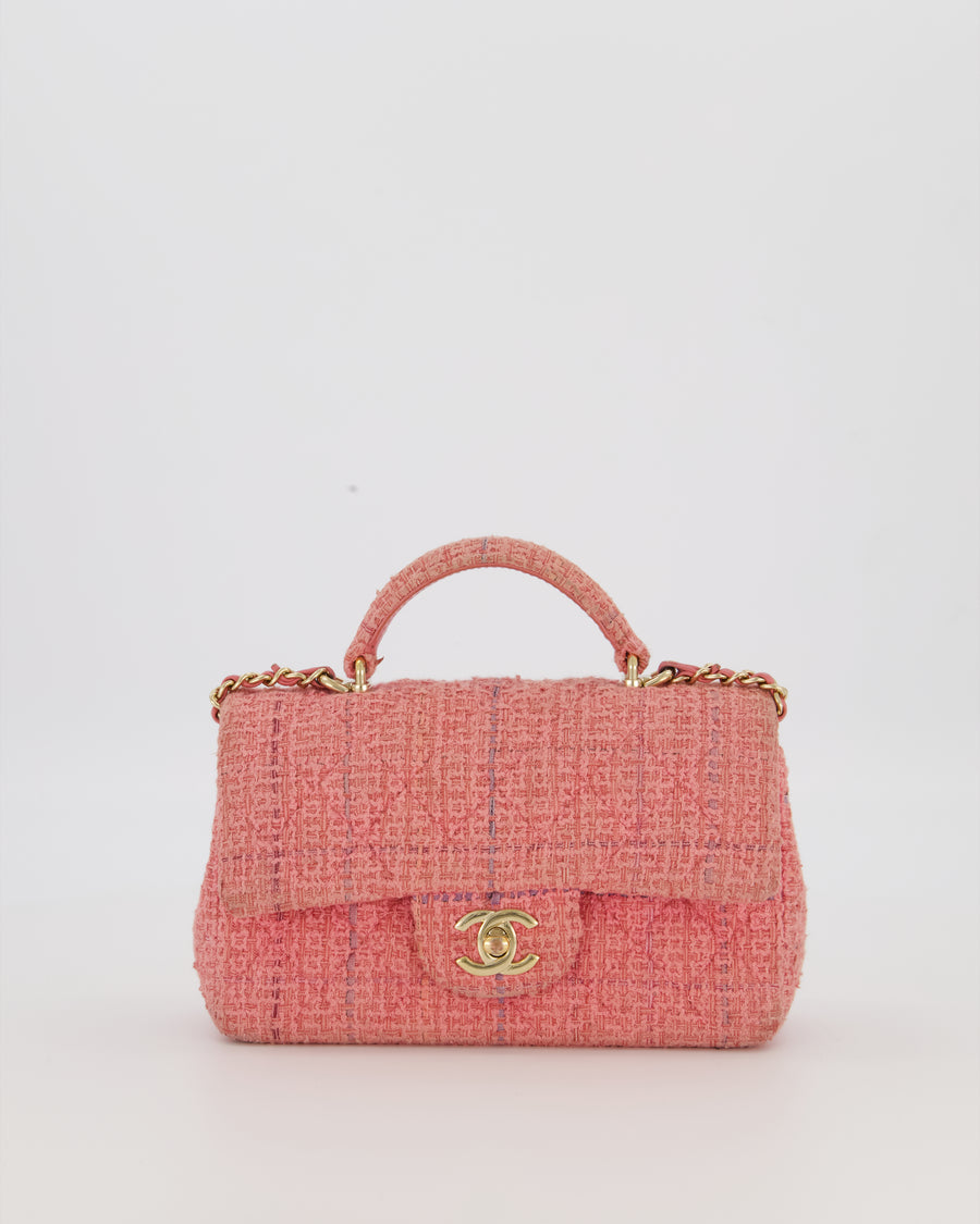 Chanel Top Handle Rectangular Bag in Pink Quilted Tweed with Champagne Gold Hardware
