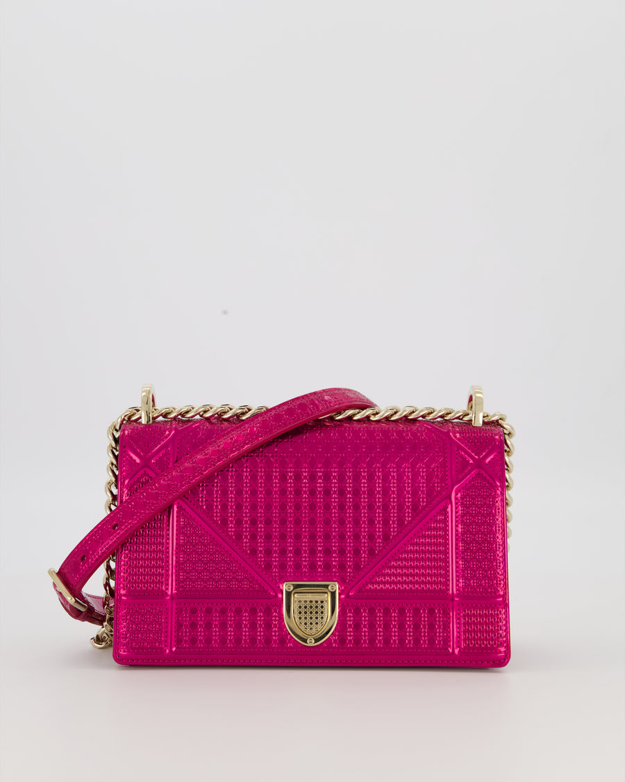 Christian Dior Pink Metallic Small Diorama Flap Bag in Leather with Gold Hardware