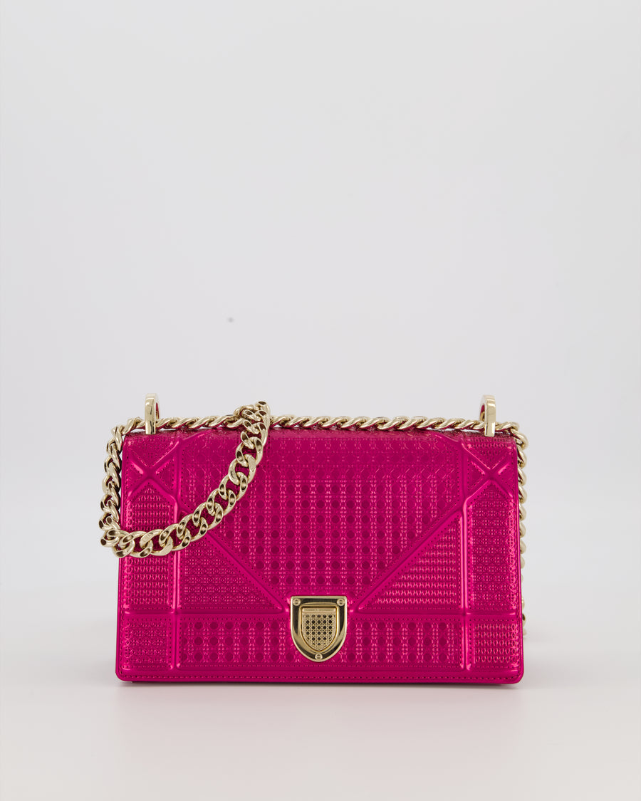 Christian Dior Pink Metallic Small Diorama Flap Bag in Leather with Gold Hardware