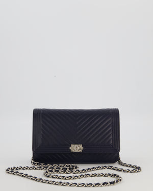 Chanel Navy Boy Wallet on Chain Bag in Chevron Lambskin Leather with Silver Hardware