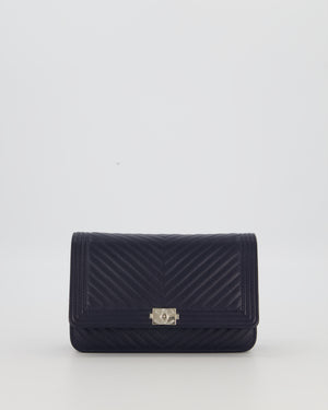 Chanel Navy Boy Wallet on Chain Bag in Chevron Lambskin Leather with Silver Hardware