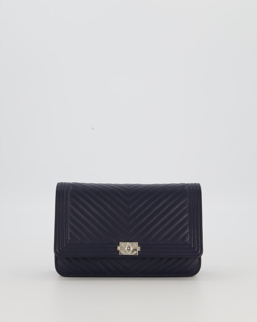 Chanel Navy Boy Wallet on Chain Bag in Chevron Lambskin Leather with Silver Hardware