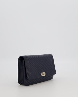 Chanel Navy Boy Wallet on Chain Bag in Chevron Lambskin Leather with Silver Hardware