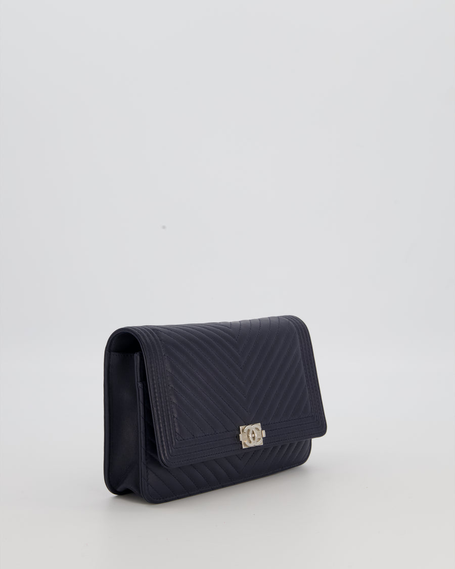 Chanel Navy Boy Wallet on Chain Bag in Chevron Lambskin Leather with Silver Hardware
