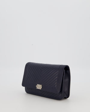 Chanel Navy Boy Wallet on Chain Bag in Chevron Lambskin Leather with Silver Hardware