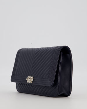 Chanel Navy Boy Wallet on Chain Bag in Chevron Lambskin Leather with Silver Hardware