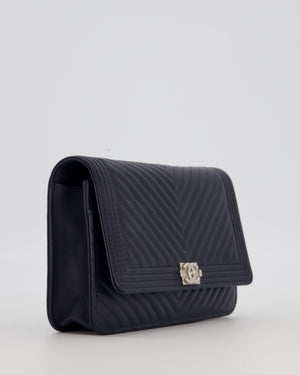 Chanel Navy Boy Wallet on Chain Bag in Chevron Lambskin Leather with Silver Hardware