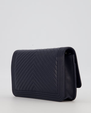 Chanel Navy Boy Wallet on Chain Bag in Chevron Lambskin Leather with Silver Hardware