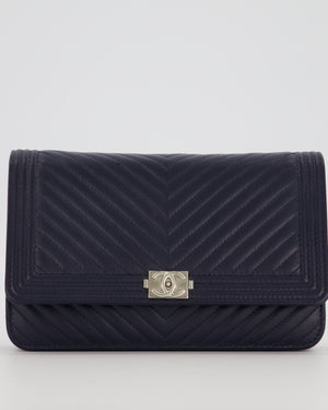 Chanel Navy Boy Wallet on Chain Bag in Chevron Lambskin Leather with Silver Hardware