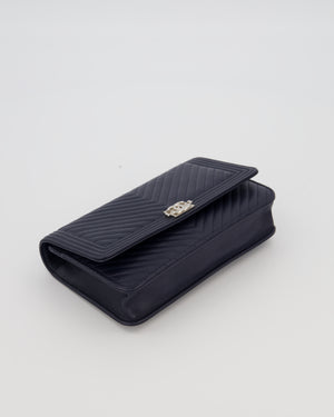 Chanel Navy Boy Wallet on Chain Bag in Chevron Lambskin Leather with Silver Hardware