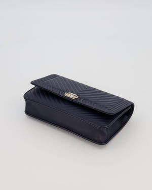 Chanel Navy Boy Wallet on Chain Bag in Chevron Lambskin Leather with Silver Hardware