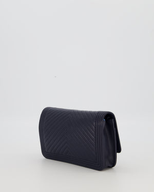 Chanel Navy Boy Wallet on Chain Bag in Chevron Lambskin Leather with Silver Hardware