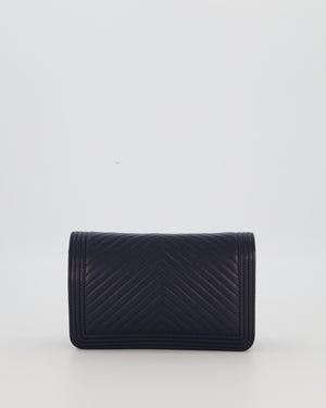 Chanel Navy Boy Wallet on Chain Bag in Chevron Lambskin Leather with Silver Hardware