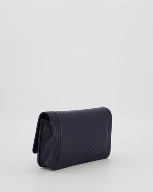 Chanel Navy Boy Wallet on Chain Bag in Chevron Lambskin Leather with Silver Hardware