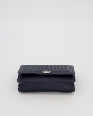 Chanel Navy Boy Wallet on Chain Bag in Chevron Lambskin Leather with Silver Hardware