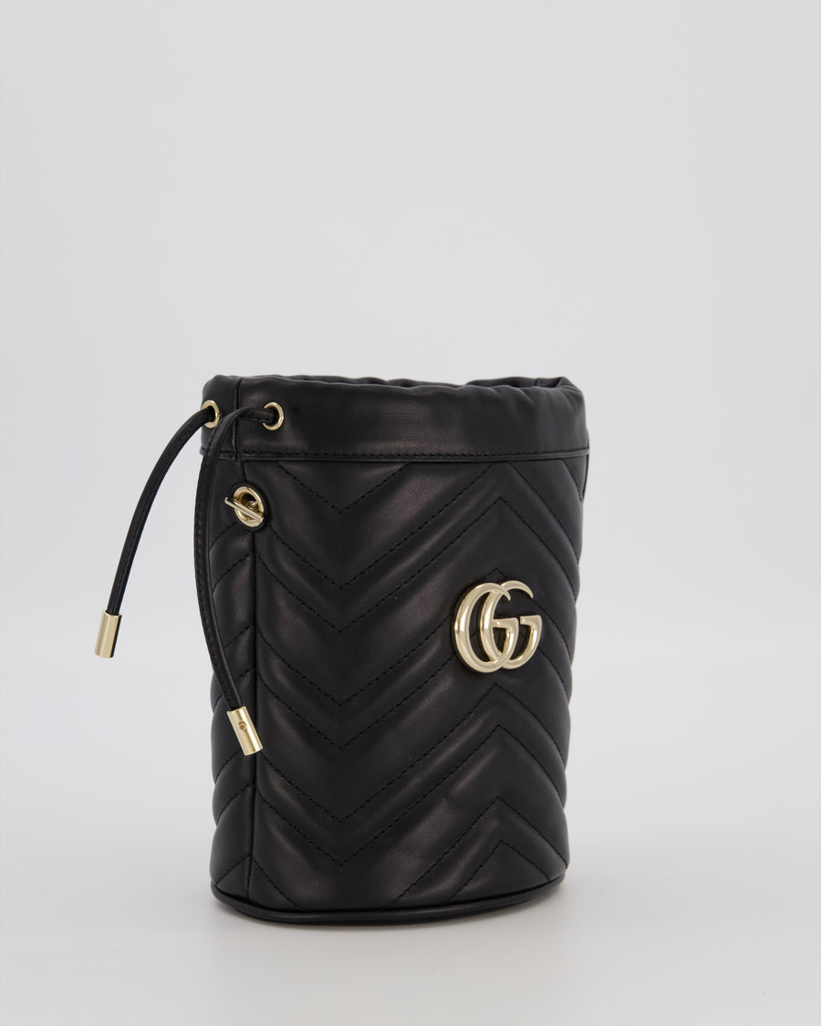 Gucci Black Calfskin GG Matelasse Marmont Mini Bucket Bag with Light Gold Hardware